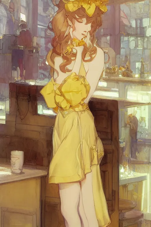 Image similar to A girl in a maid's outfit in a cafe a afternoon, wavy hair yellow theme,S line,45 angel by krenz cushart and mucha and ra-lilium and greg rutkowski