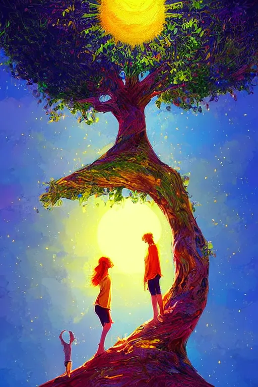 Prompt: two lovers climb the tree of life as the sun shines brightly, 8 k resolution digital painting, vibrant colors, by michael whelan, byalena aenami, behance hd, trending on artstation deviantart