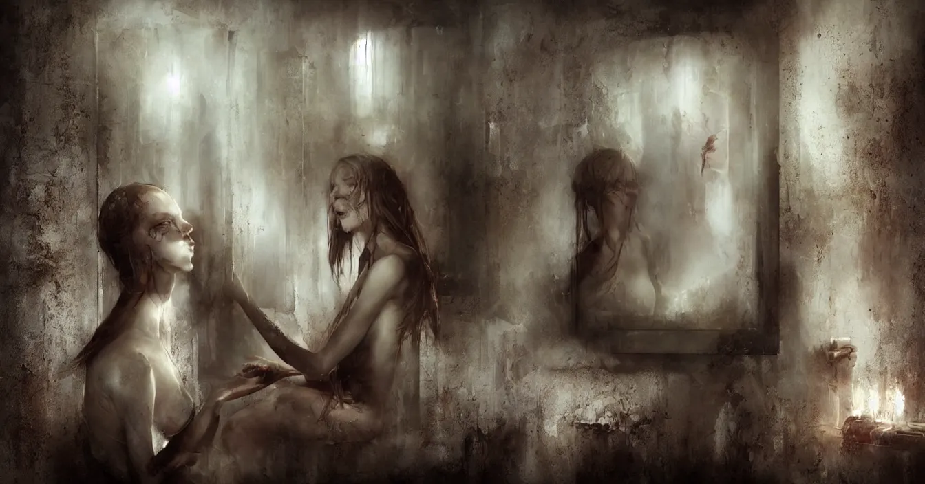 Image similar to dark secret world behind mirror with very deep stillness, dimension of still moment, by bastien lecouffe deharme