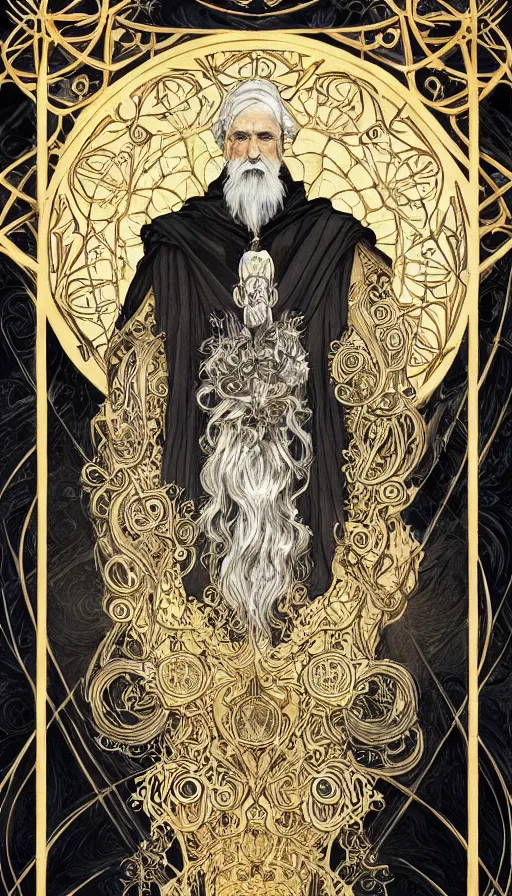 Image similar to one old man wore a black cloak, a black cloak and a white beard, highly detailed, very intricate, art nouveau, gold filigree, left right symmetry, tarot concept art watercolor illustration by mandy jurgens and alphonse mucha and alena aenami, featured on artstation