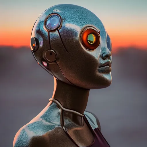 Prompt: beautiful Fine art photography of a solarpunk half robot half human girl with real human face, medium shot, highly detailed, photorealism, sunset lighting 8k