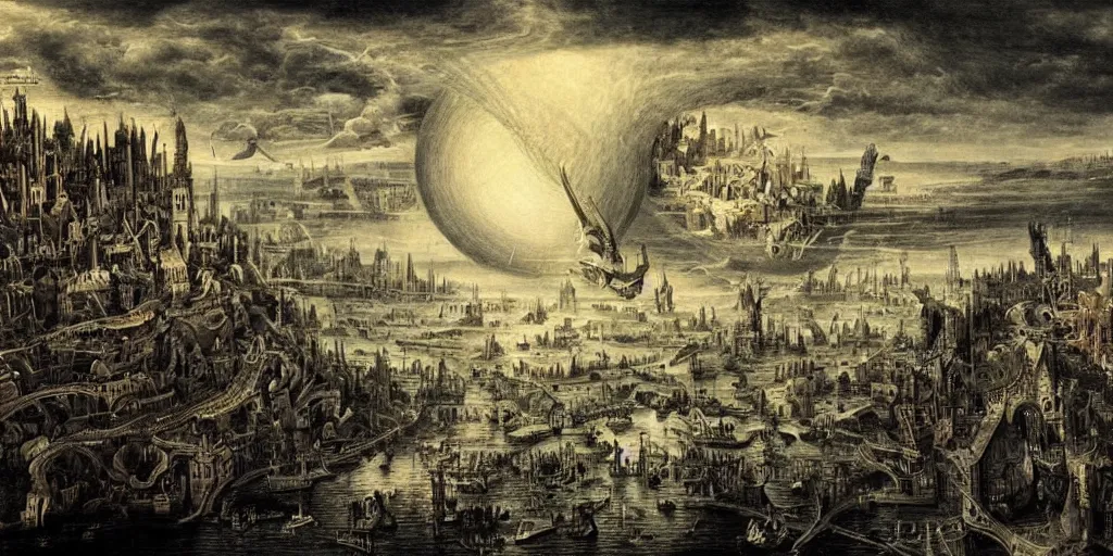 Prompt: beautiful ominous megastructure in the sky in the style of heironymus bosch, intricate masterpiece, hyper detailed, hd