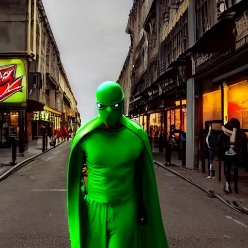 Prompt: Dramatic lighting, Cinematic street Movie shot, Superlight is a male superhero with lhair in a ponytail , he wears a green hero suit, a red domino mask , red cape, from Planet Verdulion who saves the victims in support of good health, that they should not eat junk food, he uses vegetables such as cucumber