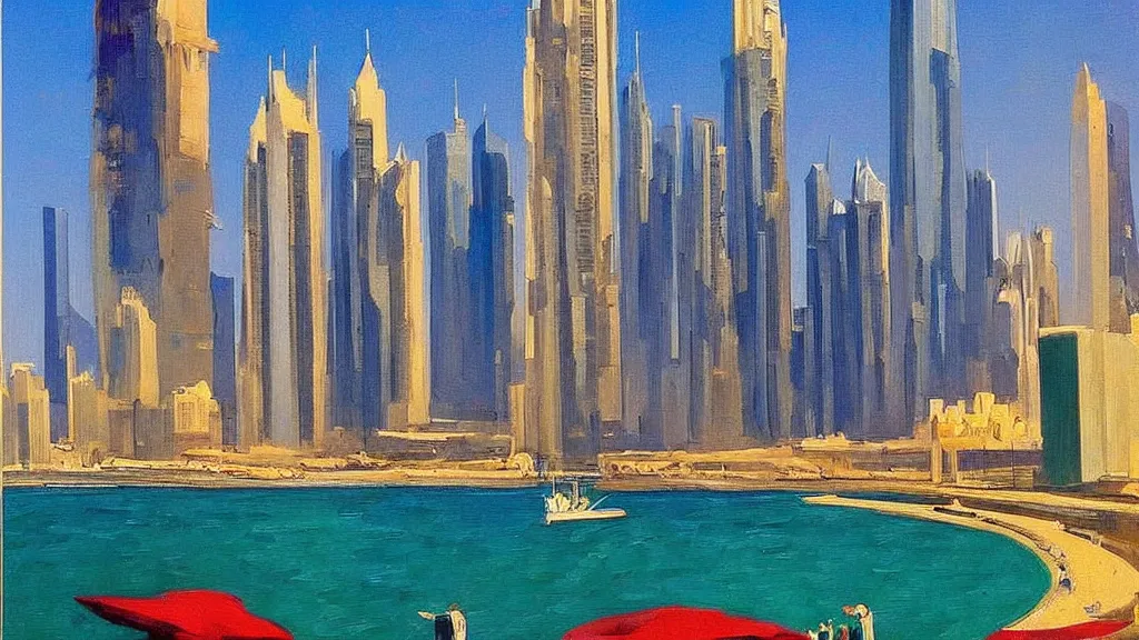 Prompt: Street art. paralyzed by the indescribable beauty of the cosmos. amazing view of the city of Dubai. art style by Edward Hopper daring, incredible