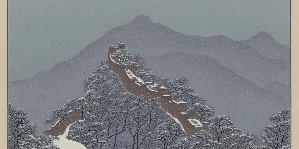 Image similar to The Great Wall, snowy day, Kawase Hasui