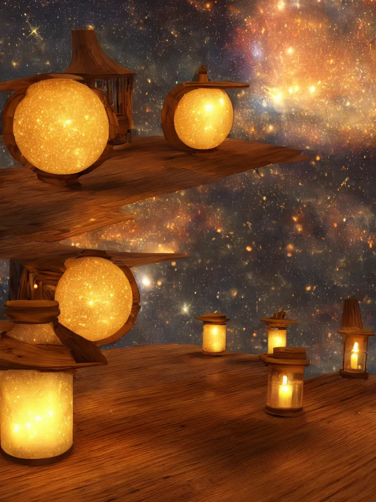 Image similar to Photorealistic Magical Realism lanterns with galaxies of stars inside on a wooden table at sunset, highly detailed