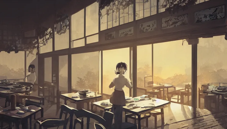 Image similar to old japanese restaurant with tables and chairs, sunrise through windows, old lady, hyperdetailed, artstation, cgsociety, 8 k