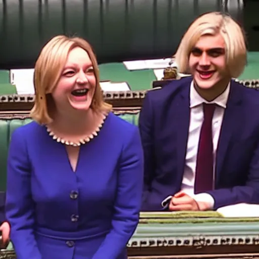 Prompt: Liz truss and Rishi sunak and the devil laughing together in parliament. Daily Telegraph.