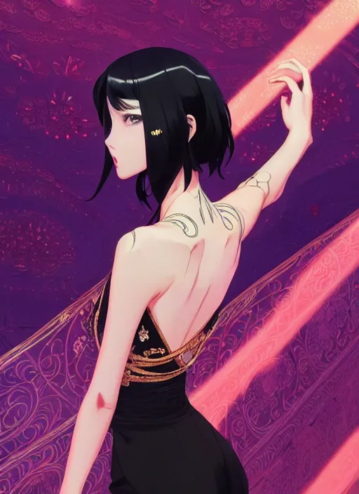 Image similar to a beautiful girl with black hair in 2020's fashion, ballroom background, intricate, highly detailed, digital painting, artstation, official media, anime key visual, concept art, rich vivid colors, ambient lighting, sharp focus, illustration, art by Artgerm, Makoto Shinkai, Ilya Kuvshinov, Lois Van Baarle, and Rossdraws