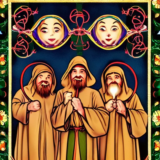 Prompt: seven dwarves in catholic religious garb with halos, background of poison apples, digital painting, glow art nouveau