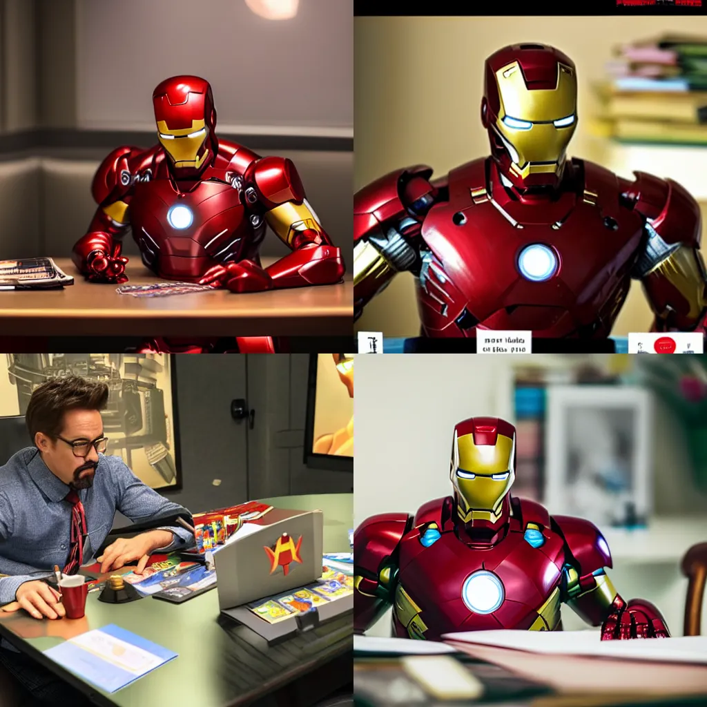 Prompt: Photo, Iron Man sitting in his chair at his desk, playing table talk RPG.