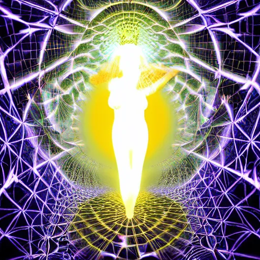 Image similar to divine feminine goddess descending down a hallway of light inside a fractal hypercube