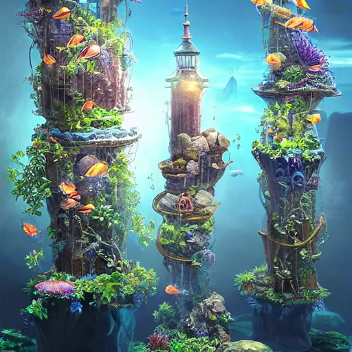 Image similar to a beautiful aquarium tower, highly detailed, masterpiece, trending on artstation, devianart, cgsociety, concept art