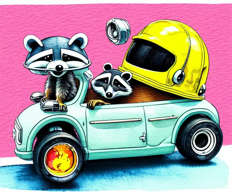 Image similar to cute and funny, racoon wearing a helmet riding in a tiny hot rod with oversized engine, ratfink style by ed roth, centered award winning watercolor pen illustration, isometric illustration by chihiro iwasaki, edited by range murata, tiny details by artgerm and watercolor girl, symmetrically isometrically centered