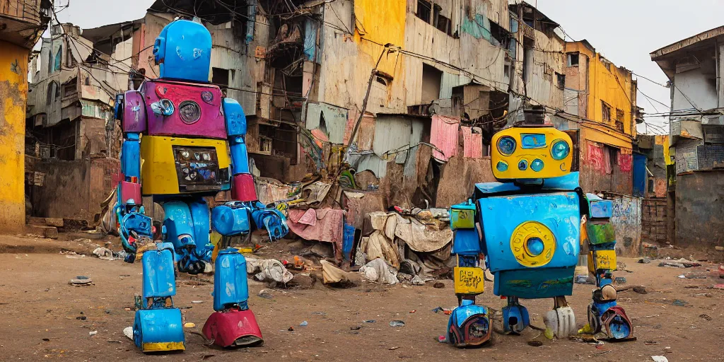 Image similar to colourful - damaged - giant mecha ROBOT of AJEGUNLE SLUM in Lagos, markings on robot, house are neon lit, Golden Hour,