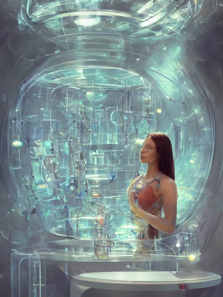 Prompt: a very beautiful cyborg made of transparent glossy glass skin surrounded with glowing tubes inside an incubator of a futuristic hospital bio lab, rendered by beeple, by syd meade, by android jones, by yoanne lossel, by artgerm and greg rutkowski, space art concept, sci - fi, digital art, unreal engine, wlop, trending artstation