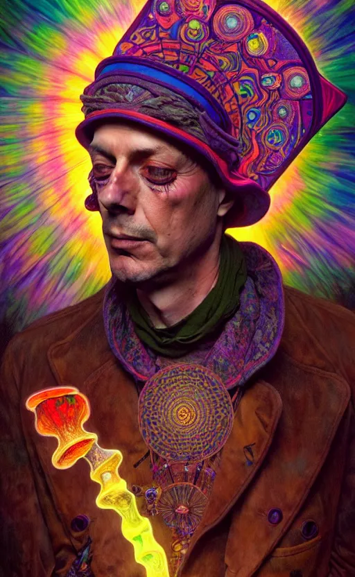 Image similar to An extremely psychedelic celestial larry harvey in his hat, colorful, surreal, dramatic lighting, magic mushrooms, psilocybin, LSD, face, detailed, intricate, elegant, highly detailed, digital painting, artstation, concept art, smooth, sharp focus, illustration, art by Krenz Cushart and Artem Demura and alphonse mucha