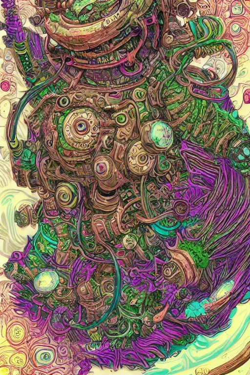 Image similar to creature sushi roots cactus elemental flush of force nature micro world fluo light deepdream a wild amazing steampunk baroque ancient alien creature, intricate detail, colorful digital painting that looks like it is from borderlands and by feng zhu and loish and laurie greasley, victo ngai, andreas rocha, john harris