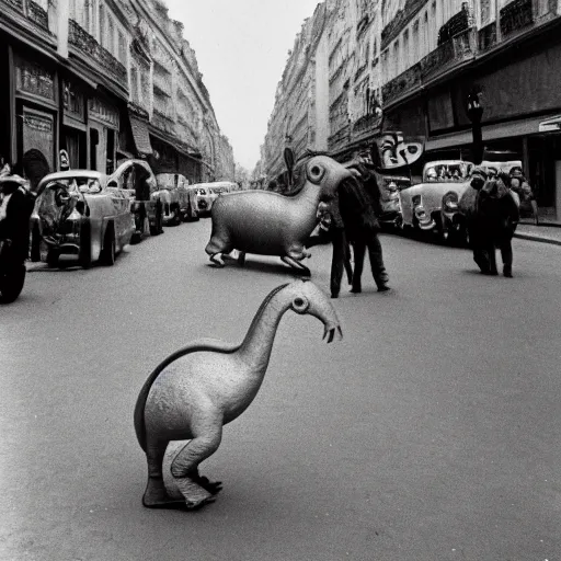 Image similar to french parasaurolophus walking in the streets of paris, 3 5 mm, 1 9 5 4, low angl