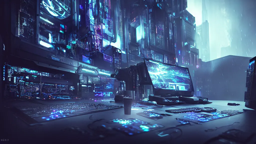 Image similar to a cyberpunk overpowered computer. Overclocking, watercooling, custom computer, cyber, mat black metal, alienware, futuristic design, Beautiful dramatic dark moody tones and lighting, Ultra realistic details, cinematic atmosphere, studio lighting, shadows, dark background, dimmed lights, industrial architecture, Octane render, realistic 3D, photorealistic rendering, 8K, 4K, computer setup, highly detailed, desktop computer, desk, home office, whole room