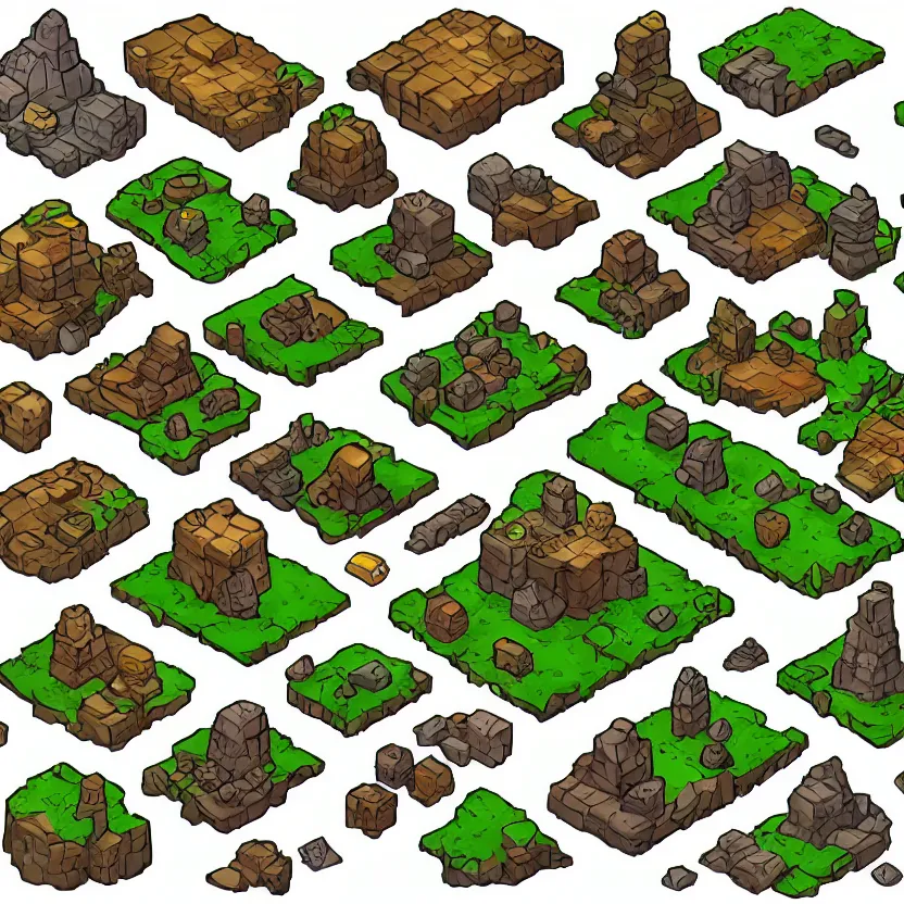 set of isometric game tiles, containing a boulder, a | Stable Diffusion