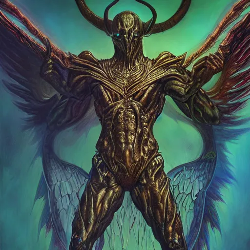 Image similar to photorealistic biblically accurate demonic alien archangel the style of michael whelan and gustave dore. hyperdetailed photorealism, 1 0 8 megapixels, amazing depth, glowing rich colors, powerful imagery, psychedelic overtones, 3 d finalrender, 3 d shading, cinematic lighting, artstation concept art