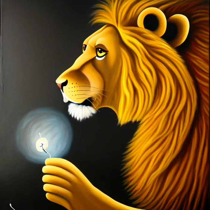 Image similar to a painting of an anthropomorphic male lion scientist researching balloon physics, oil on canvas, furry, soft lighting, sharp focus