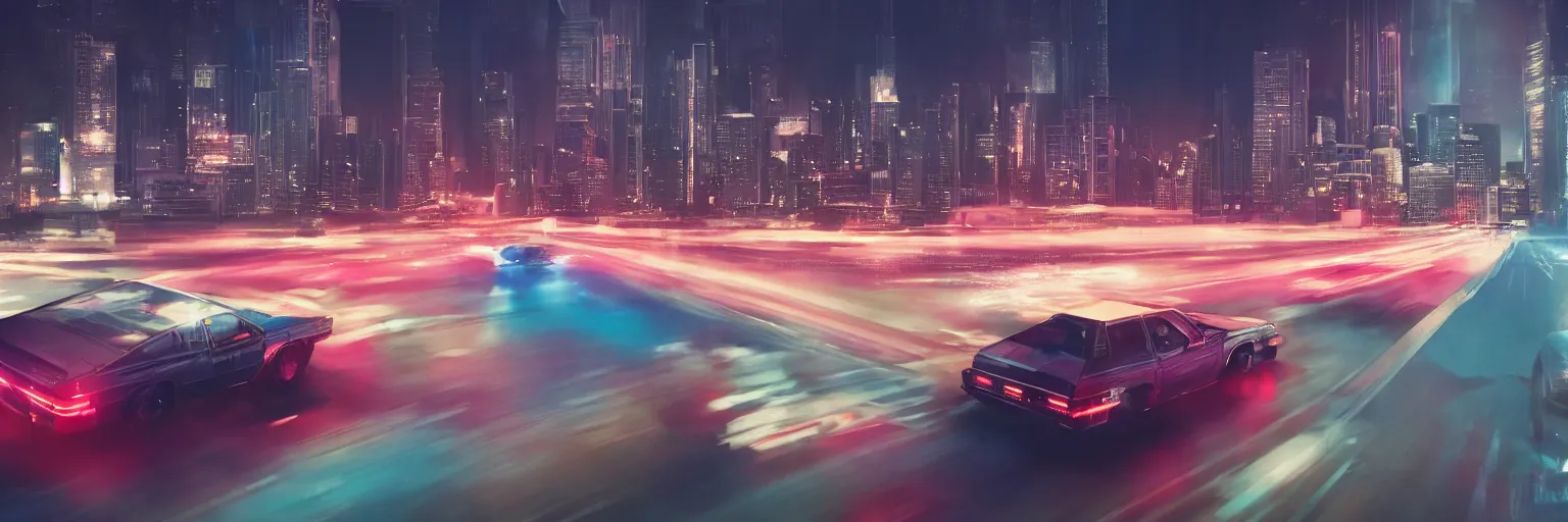Image similar to 8 0 s neon movie still, high speed car chase by the river with city in background, slow shutter speed, medium format color photography, movie directed by kar wai wong, hyperrealistic, photorealistic, high definition, highly detailed, tehnicolor, anamorphic lens