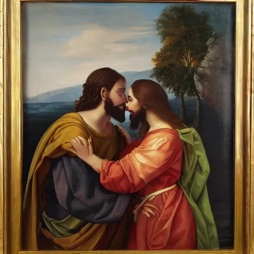 Image similar to 1 8 th oil panting of a jesus kissing a woman