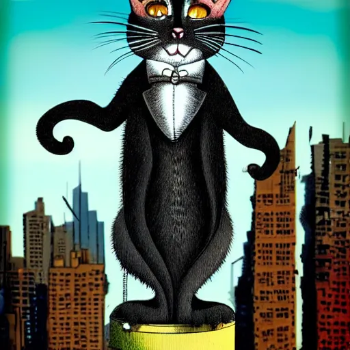 Image similar to a cat on a rooftop in a city by tim burton