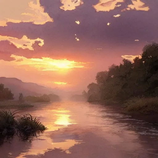 Image similar to River leading into a sunset, Watercolor, photorealistic, high resolution, award winning, trending on artstation, intricate, elegant, highly detailed, digital painting, artstation, concept art, smooth, sharp focus, illustration, art by artgerm and greg rutkowski and alphonse mucha