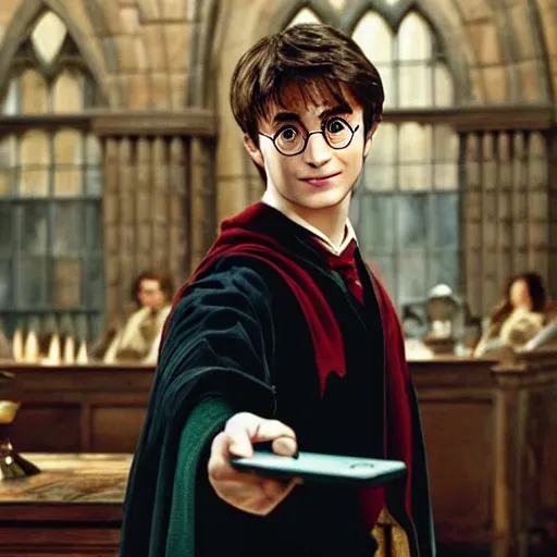 Image similar to movie screenshot of attractive harry potter holding an iphone in hogwarts, human face