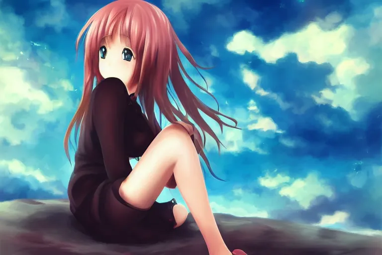 Image similar to a cute anime girl sitting on a cloud, digital painting, anime, portrait