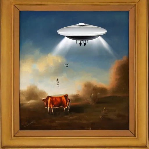 Prompt: a cow being sucked into mid-air by the beam of a hovering UFO, oil on canvas