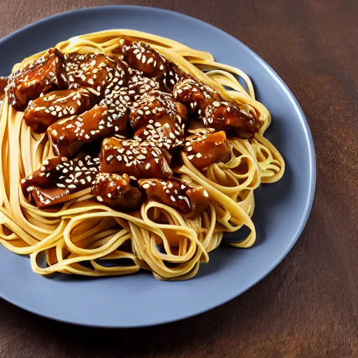 Image similar to fettuccini pasta but Teriyaki sauce and sesame chicken, 4K photo, HD