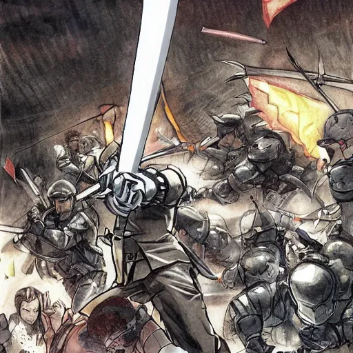 Image similar to one hero with sword vs army of swordsmen in the background, in the middle of an arena, crowd of people, pencil art, straight, clear, added detail, high definiton, colored, backfacing, by yoji shinkawa