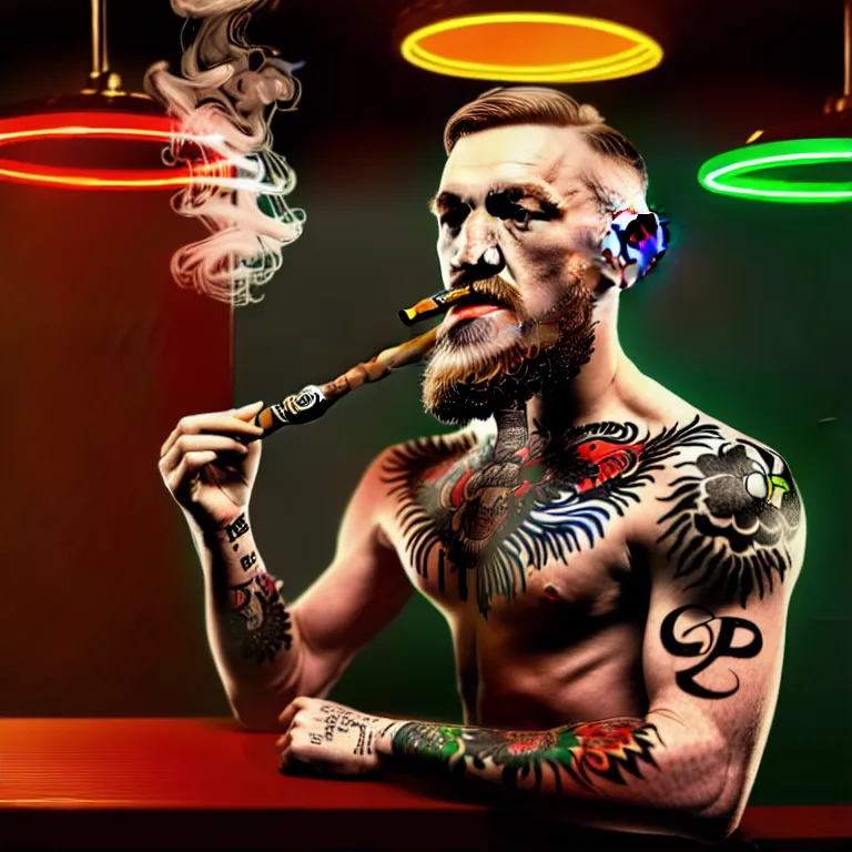 Image similar to a intricately detailed portrait of conor mcgregor smoking a lit cigar in an irish pub with a neon bar, smoke rising like clouds, balanced, trending on art station, volumetric lighting & shadows, hyper detailed, digital art, unreal engine, 4 0 0 mm f 1. 8,