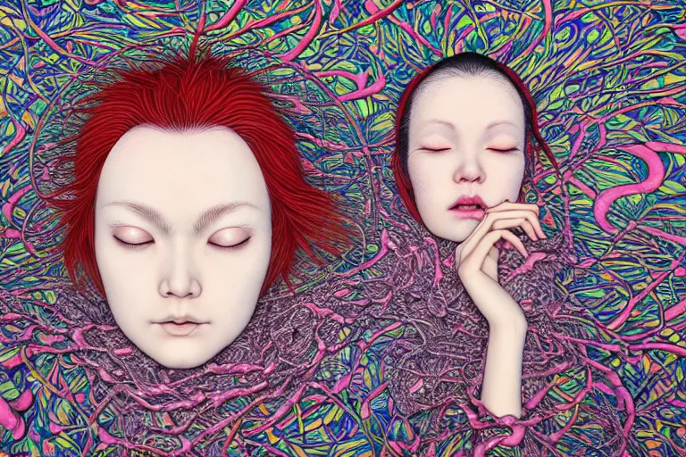 Image similar to realistic detailed image of a woman in a stray jacket laying in a padded room, conjuring psychedelic background, part by takato yamamoto, part by alex gray, ross tran, james jean, ultra realistic, octane render, highly detailed, very cohesive, 8 k, trending on artstation, cosmic, masterpiece