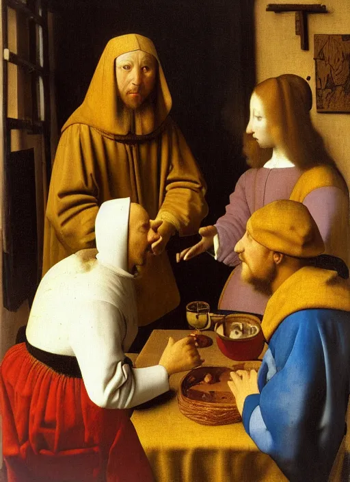 Image similar to Young man sitting at the table with young pretty blonde girl at the crowded inn. Medieval painting by Jan van Eyck, Johannes Vermeer, Florence