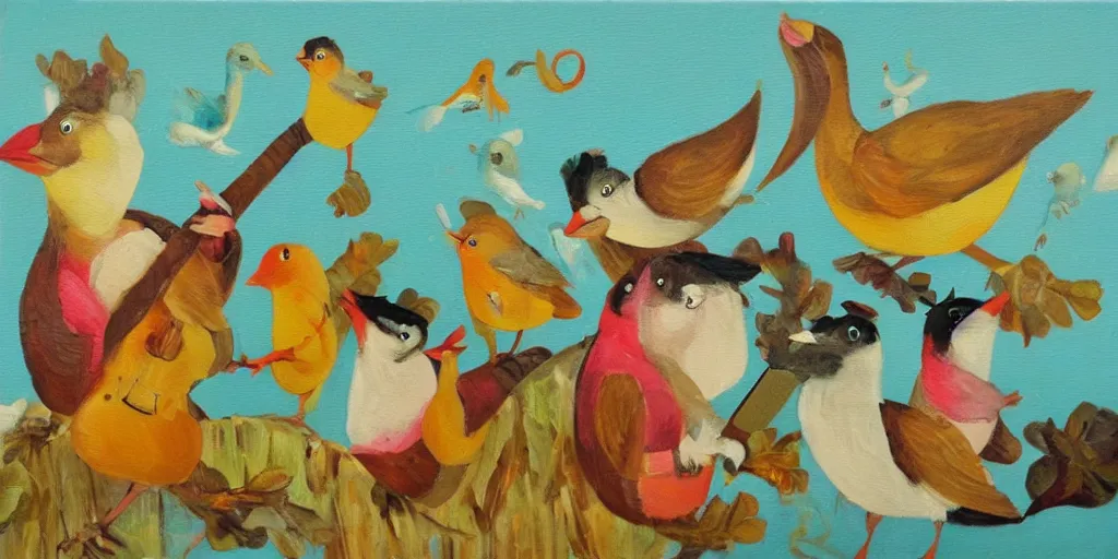 Image similar to musical band of cute birds, oil on canvas, storybook style