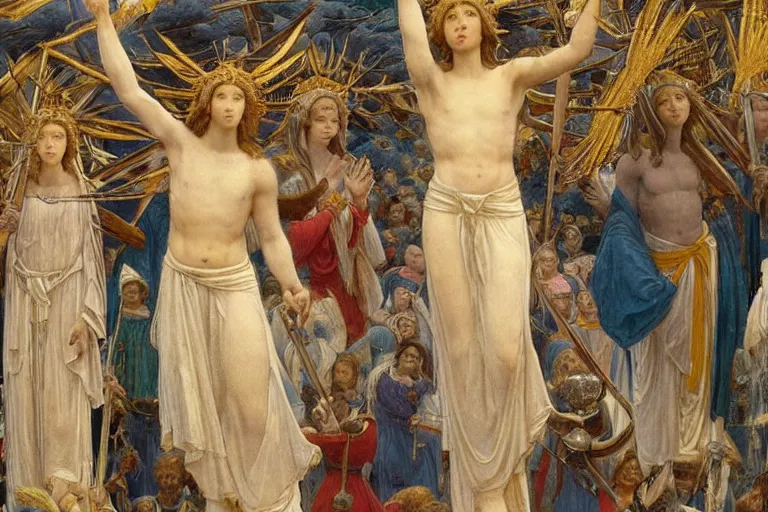 Prompt: an angelic being descends from the clouds holding five swords and below a crowd of shouting villagers wave their hands in the air, painting by jeanne delville, extremely detailed, award - winning,