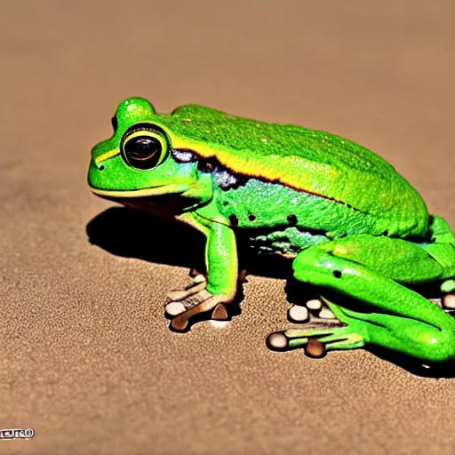 Image similar to photo of a rare frog equipped with m 2 4 9 machine gun and night vision target acquisition system