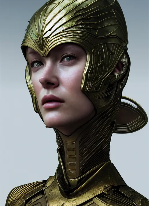 Image similar to hyperrealistic mixed media portrait of a beautiful armored warrior woman, stunning 3d render inspired art by Michael Parkes + perfect facial symmetry + dim volumetric lighting, 8k octane beautifully detailed render, post-processing, extremely hyperdetailed, intricate, epic composition, grim yet sparkling atmosphere, cinematic lighting + masterpiece, trending on artstation