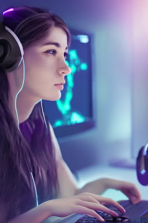 Image similar to gamer girl playing a game on her computer, portrait shot of her face lit up by the monitor, wearing gaming headset, hyperrealistic, trending on artstation, intricate detail, dark atmosphere, dynamic lighting