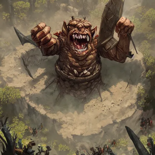 Image similar to enraged goblin in fighting pit, aerial view, d & d, fantasy, concept art, artstation