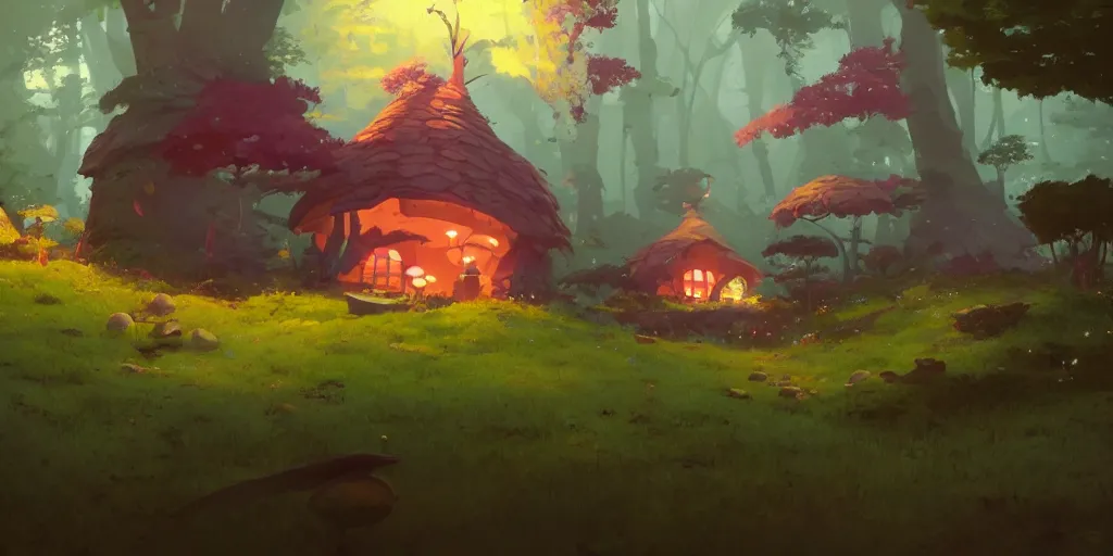 Image similar to fairy mushrooms house, moss, lianne, by cory loftis & akihiko yoshida & james gilleard & atey ghailan & makoto shinkai & goro fujita & studio ghibli, rim light, exquisite lighting, clear focus, magic atmosphere, lights, night, very coherent, plain background, soft painting