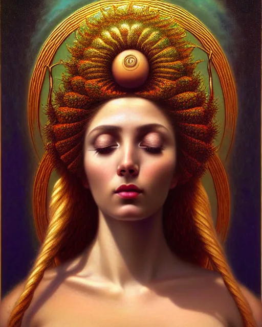 Image similar to portrait of the goddess of nature, unusual beauty, emotionally evoking symbolic metaphors, head in focus, fantasy, ornamental, intricate, elegant, sensual, highly detailed digital painting, artstation, concept art, painterly, golden ratio, sharp focus, illustration, art by John William Godward and Zdzisław Beksiński,