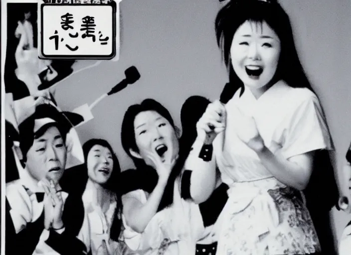 Prompt: Japanese funny TV show in 90's. VHS footage. A cute woman singing on stage.