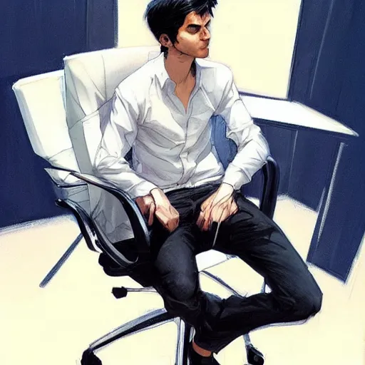 Image similar to a beautiful artwork of a young male scientist with black hair and white shirt sitting on an office chair explaining something by Jerome Opeña, featured on artstation