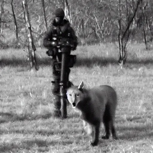 Image similar to black and white trail cam footage at night of queen elizabeth with a bazooka